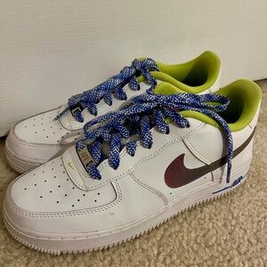 Nike Air Force 1 Sneakers with Blue Laces and Green Accents